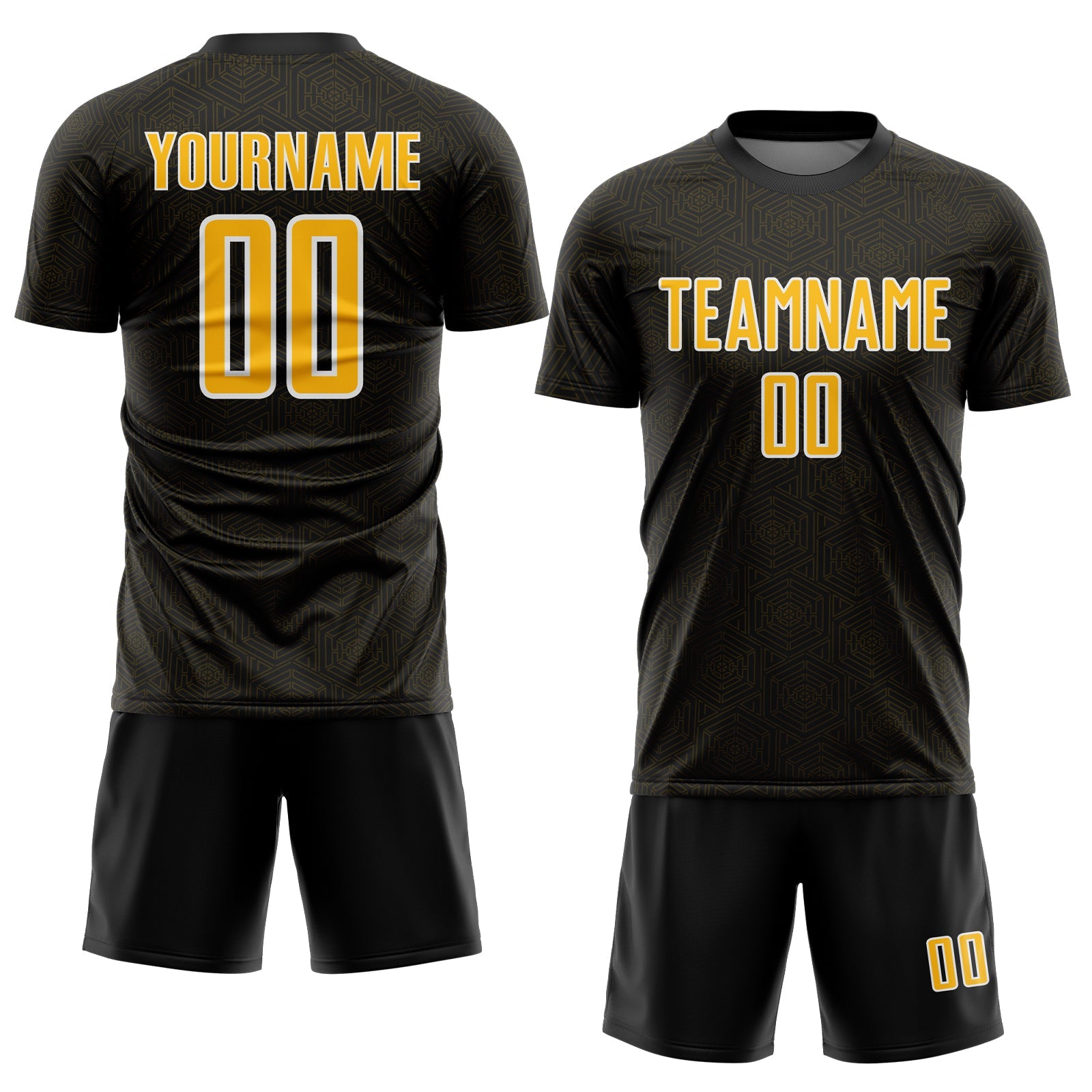 Custom Black Gold-White Geometric Shape Sports Sublimation Soccer Uniform Jersey view 2