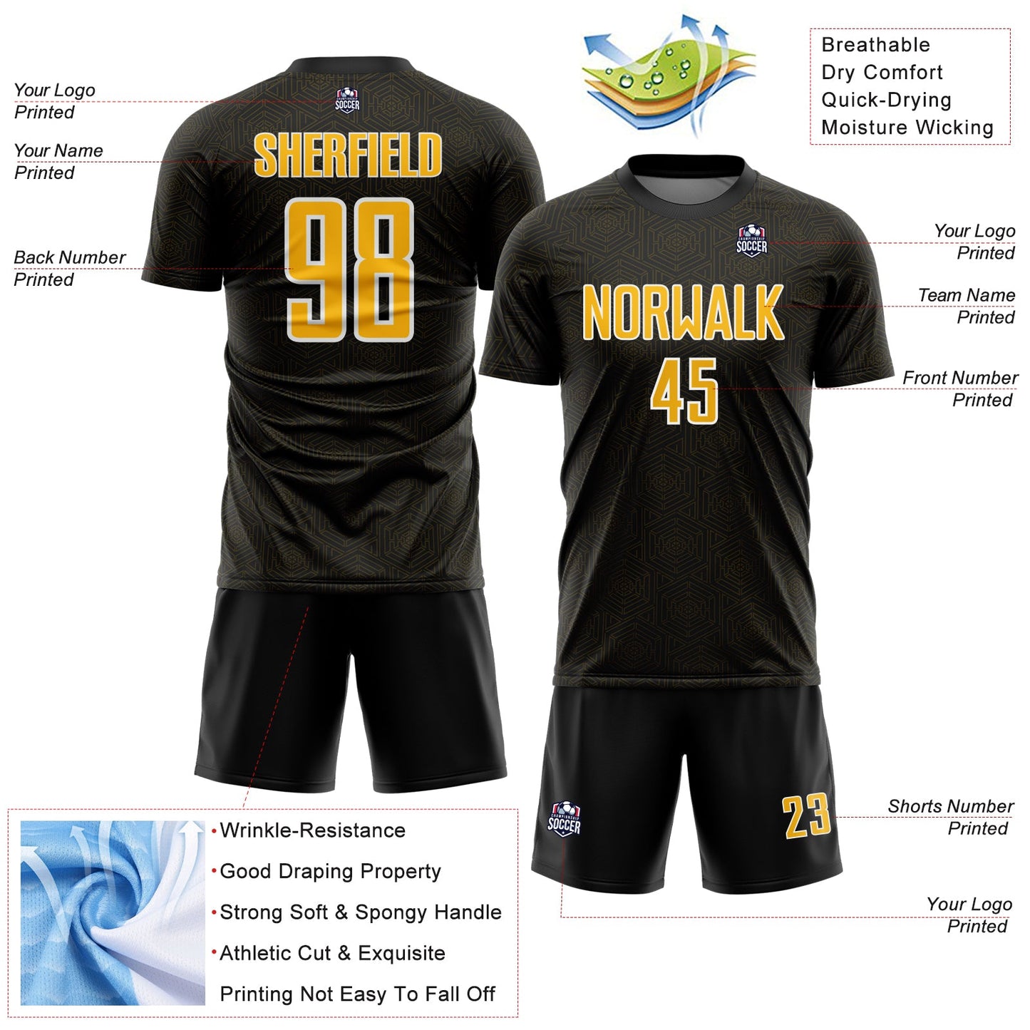 Custom Black Gold-White Geometric Shape Sports Sublimation Soccer Uniform Jersey view 4