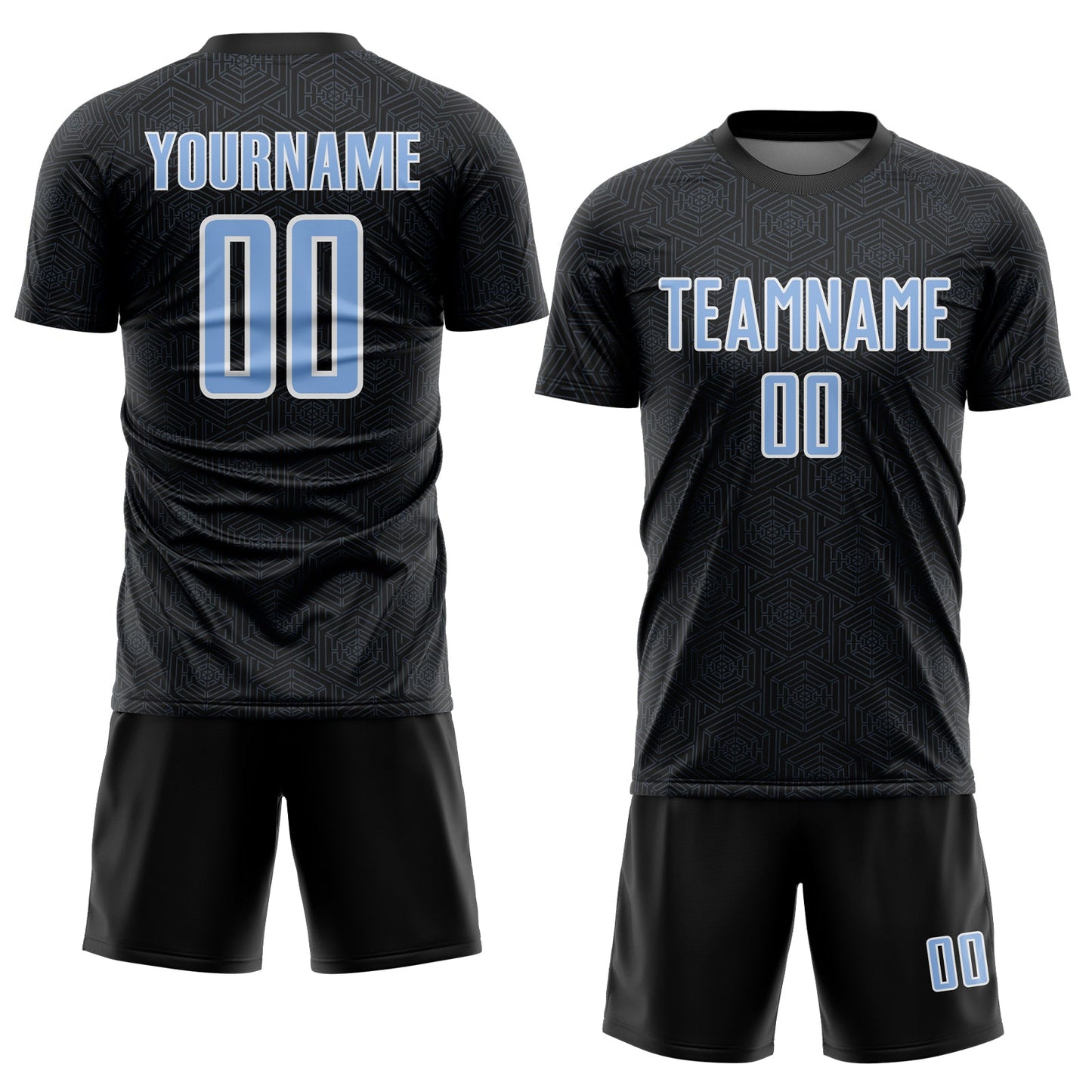 Custom Black Light Blue-White Geometric Shape Sports Sublimation Soccer Uniform Jersey view 2
