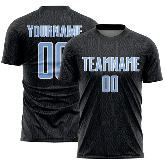 Custom Black Light Blue-White Geometric Shape Sports Sublimation Soccer Uniform Jersey - Main View