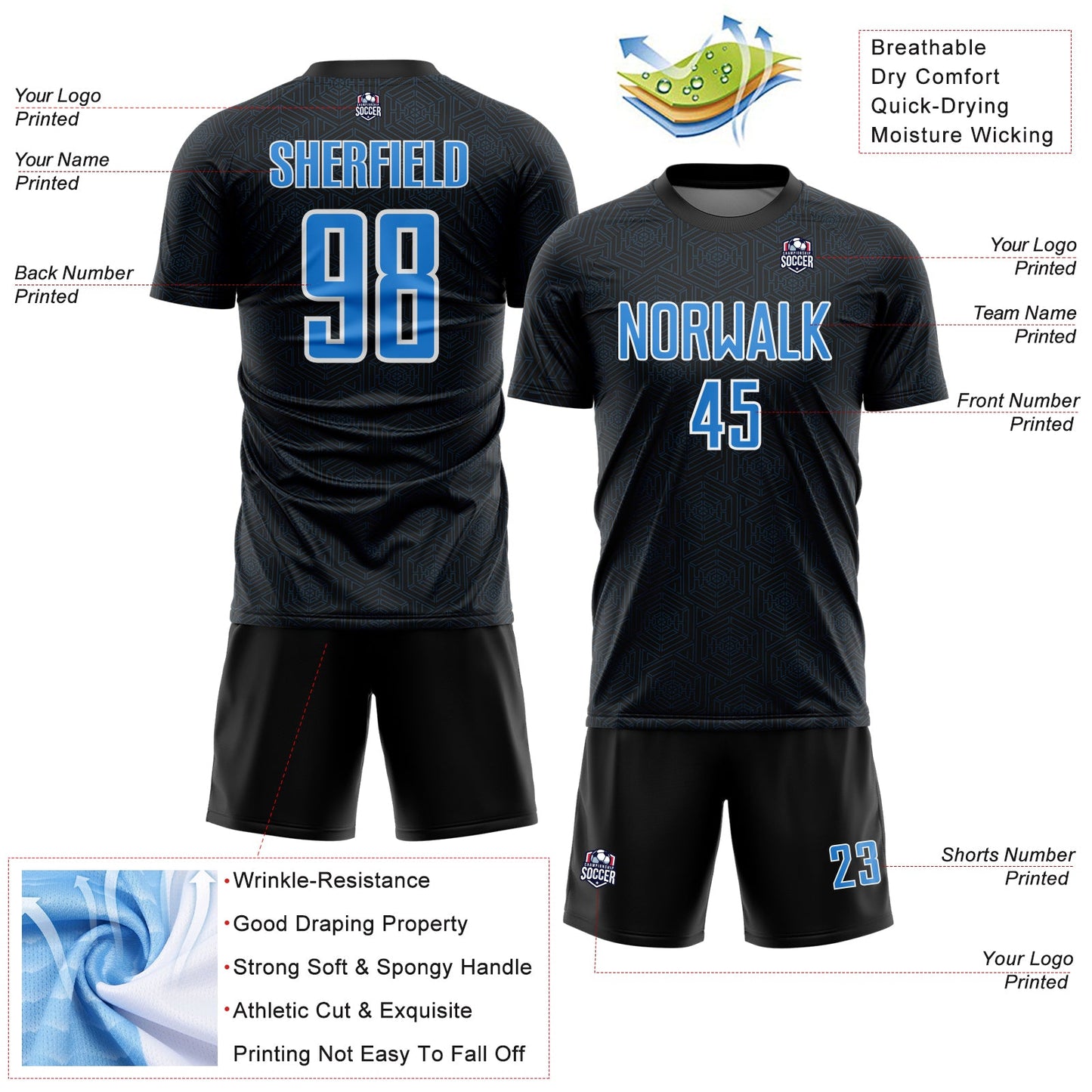 Custom Black Powder Blue-White Geometric Shape Sports Sublimation Soccer Uniform Jersey view 4