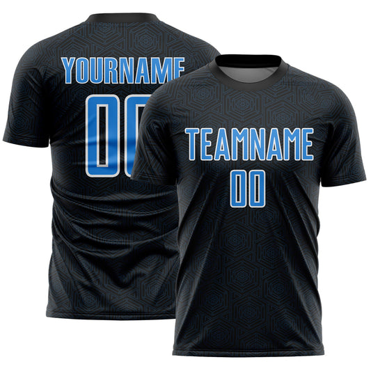 Custom Black Powder Blue-White Geometric Shape Sports Sublimation Soccer Uniform Jersey - Main View