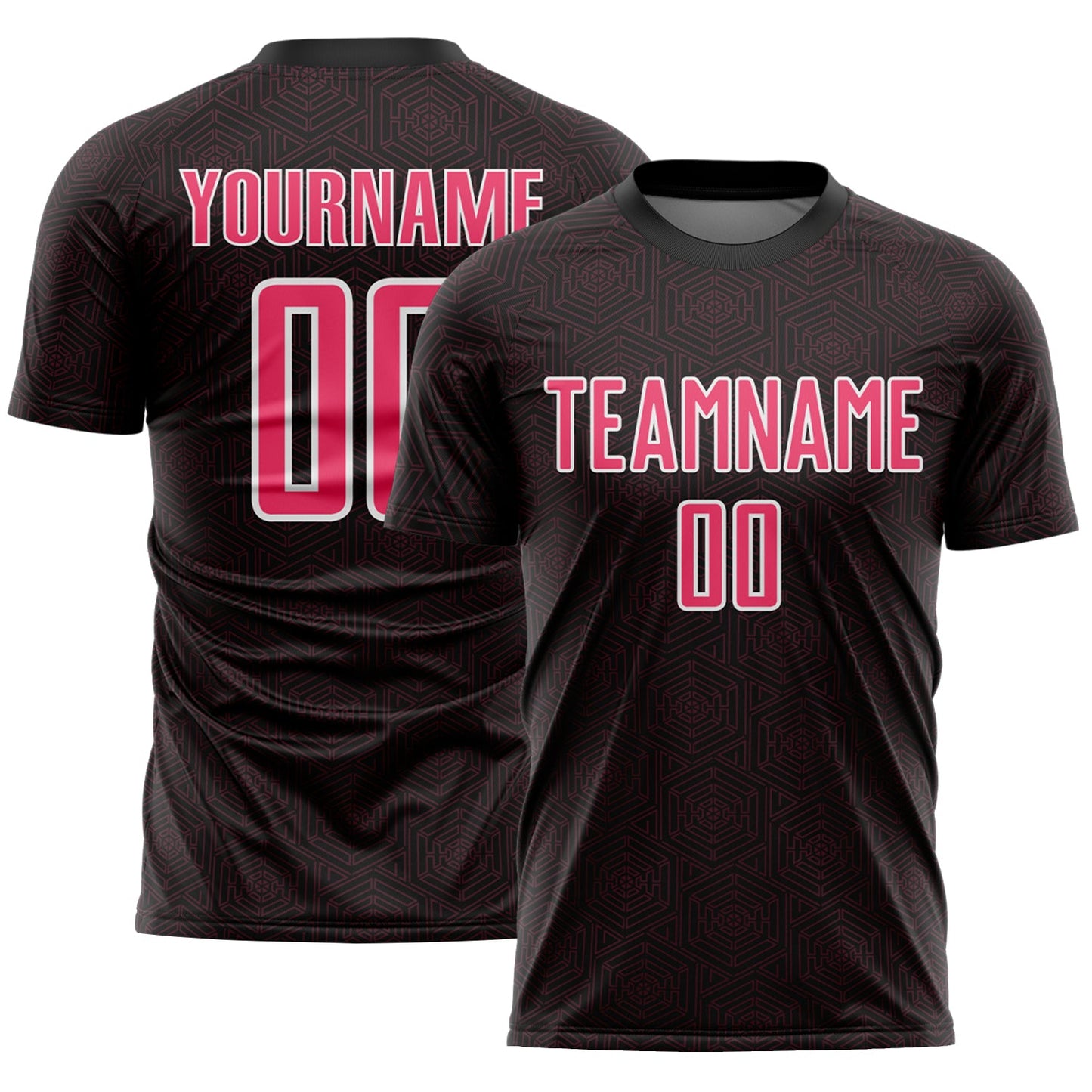Custom Black Neon Pink-White Geometric Shape Sports Sublimation Soccer Uniform Jersey - Main View