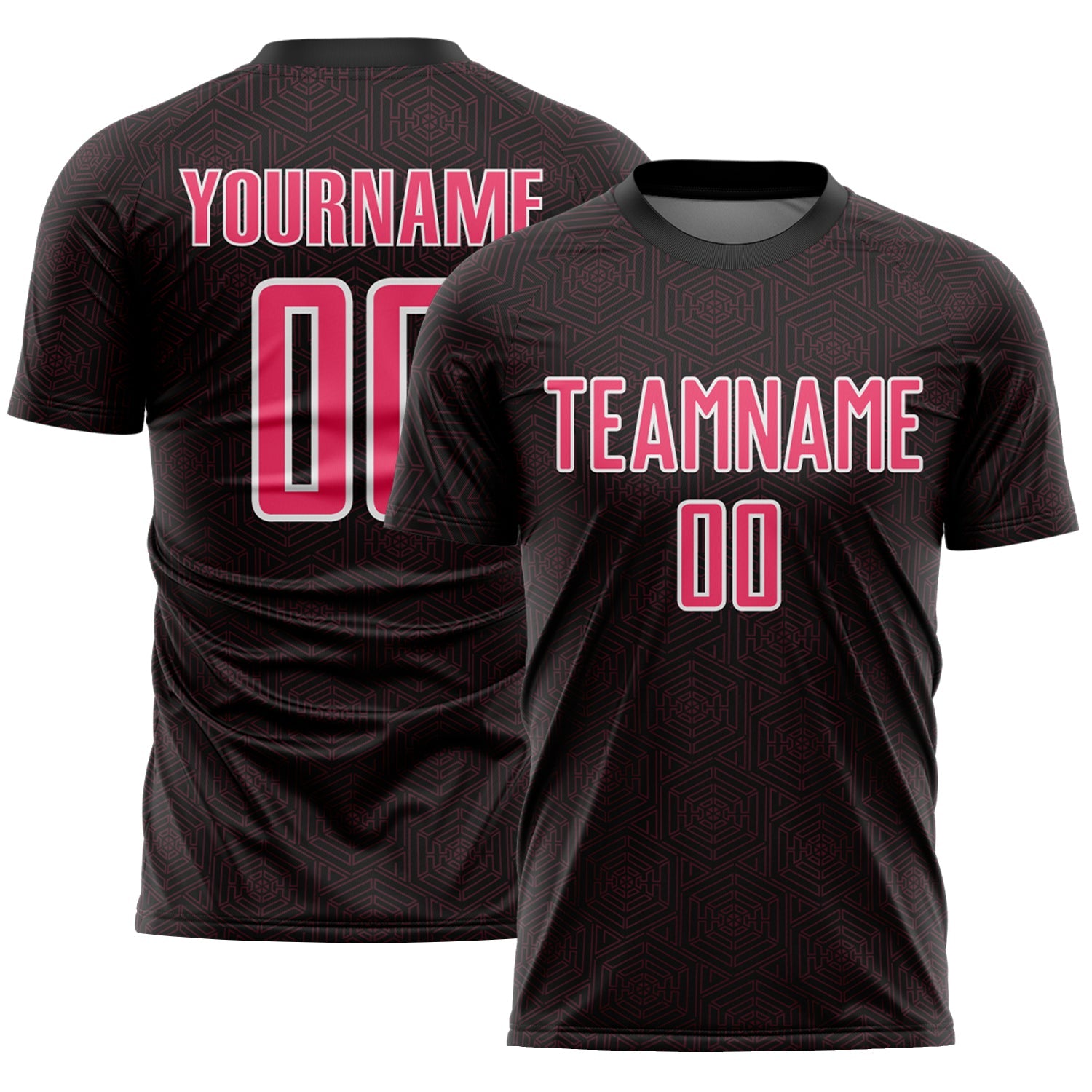 Custom Black Neon Pink-White Geometric Shape Sports Sublimation Soccer Uniform Jersey - Main View