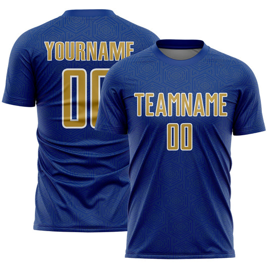 Custom Royal Old Gold-White Geometric Shape Sports Sublimation Soccer Uniform Jersey - Main View