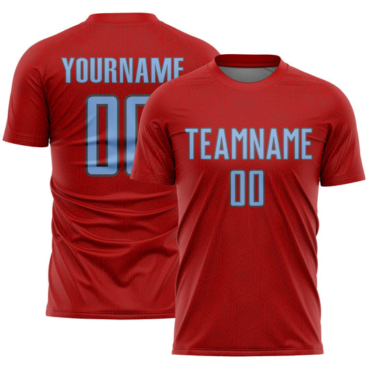 Custom Red Light Blue-Steel Gray Geometric Shape Sports Sublimation Soccer Uniform Jersey - Main View