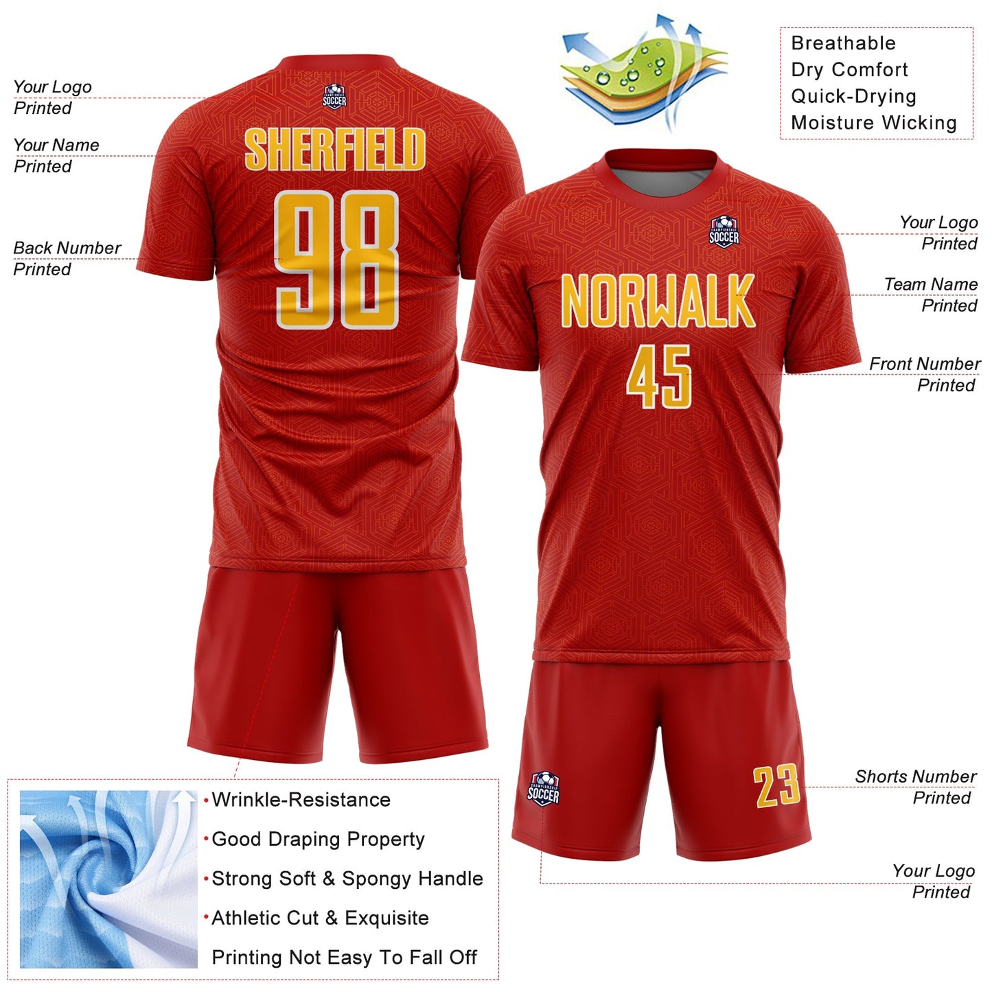 Custom Red Gold-White Geometric Shape Sports Sublimation Soccer Uniform Jersey view 4