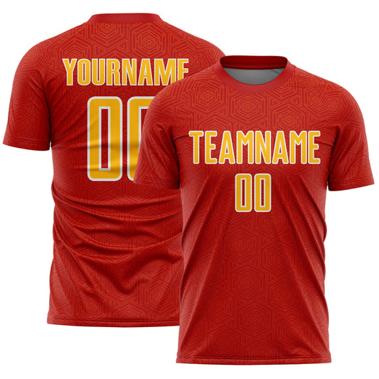 Custom Red Gold-White Geometric Shape Sports Sublimation Soccer Uniform Jersey - Main View