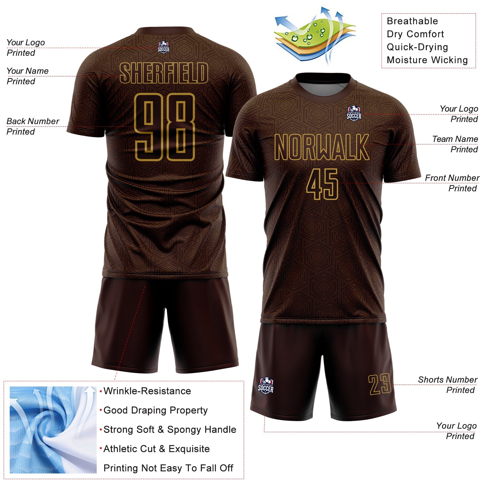 Custom Brown Old Gold Geometric Shape Sports Sublimation Soccer Uniform Jersey view 4