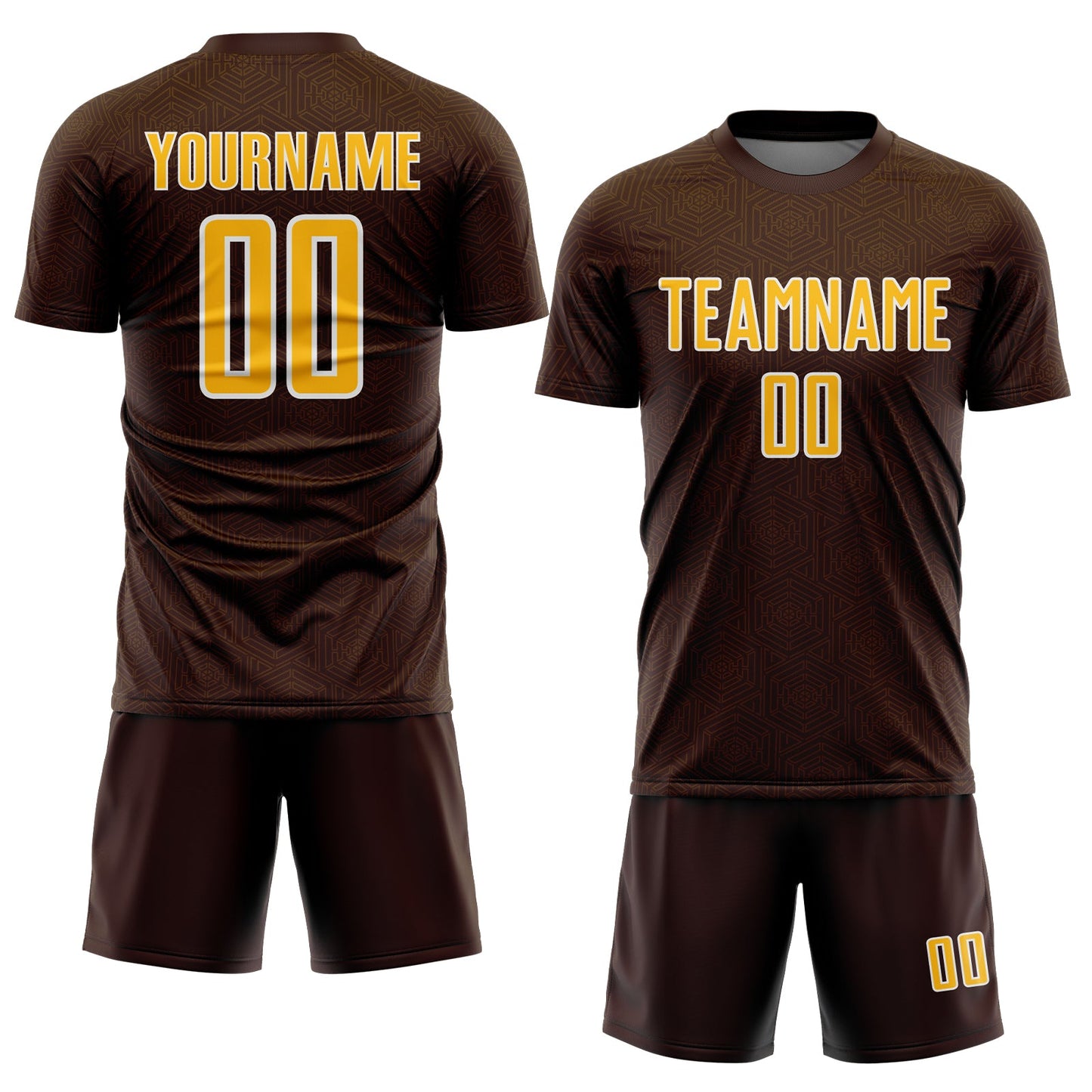Custom Brown Gold-White Geometric Shape Sports Sublimation Soccer Uniform Jersey view 2