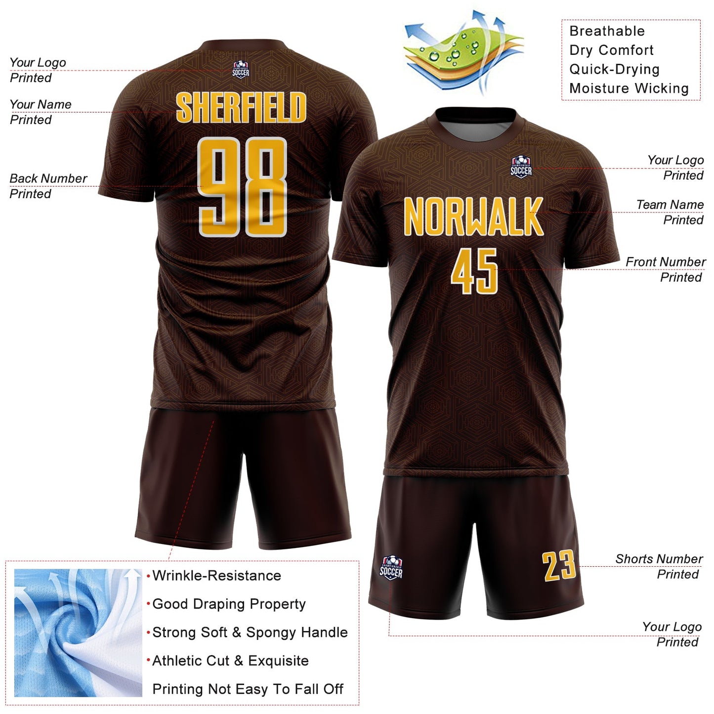 Custom Brown Gold-White Geometric Shape Sports Sublimation Soccer Uniform Jersey view 4