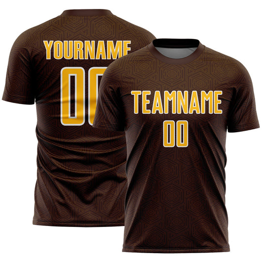 Custom Brown Gold-White Geometric Shape Sports Sublimation Soccer Uniform Jersey - Main View