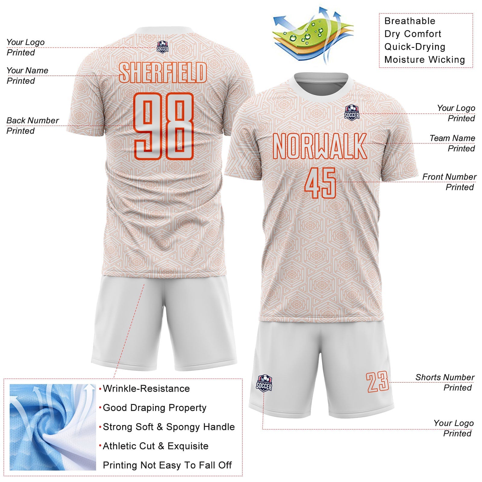 Custom White Orange Geometric Shape Sports Sublimation Soccer Uniform Jersey view 4