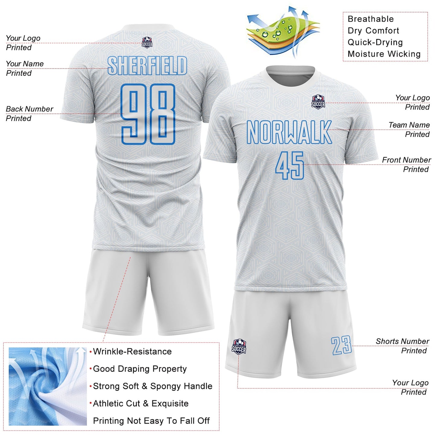 Custom White Powder Blue Geometric Shape Sports Sublimation Soccer Uniform Jersey view 4