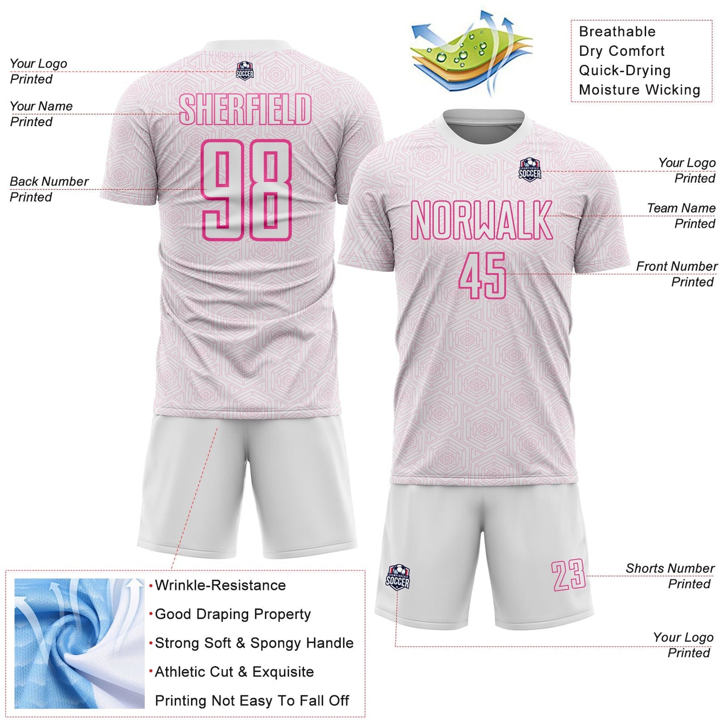 Custom White Pink Geometric Shape Sports Sublimation Soccer Uniform Jersey view 4