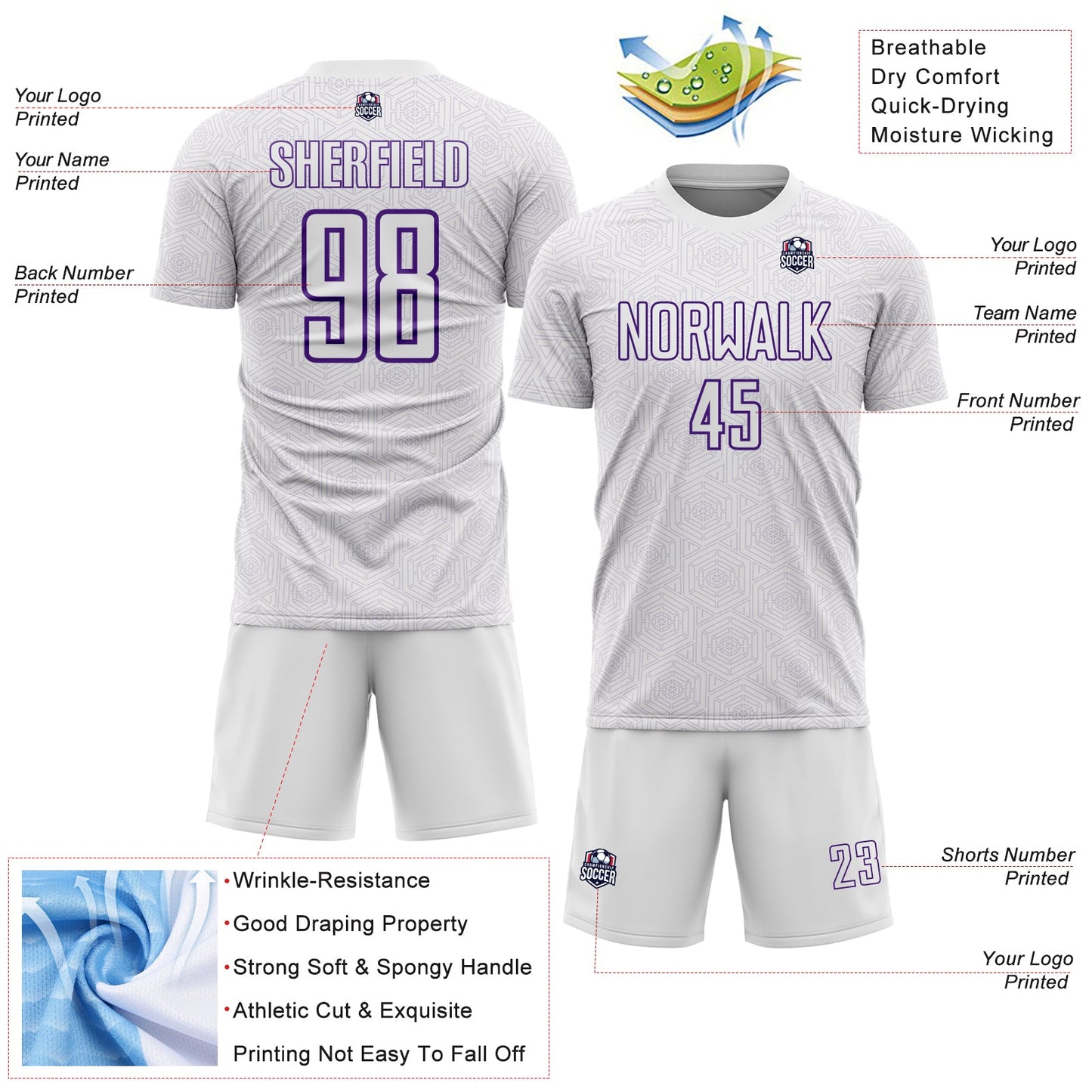 Custom White Purple Geometric Shape Sports Sublimation Soccer Uniform Jersey view 4