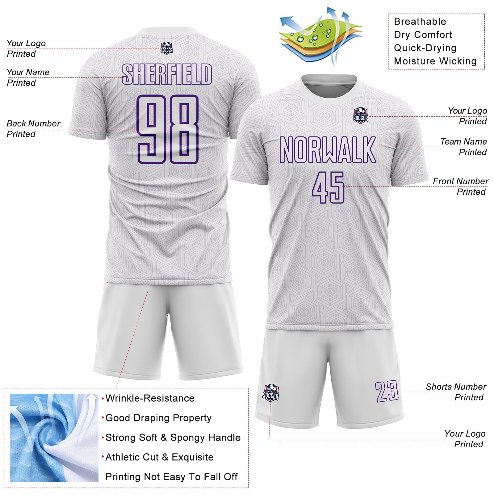Custom White Purple Geometric Shape Sports Sublimation Soccer Uniform Jersey view 4