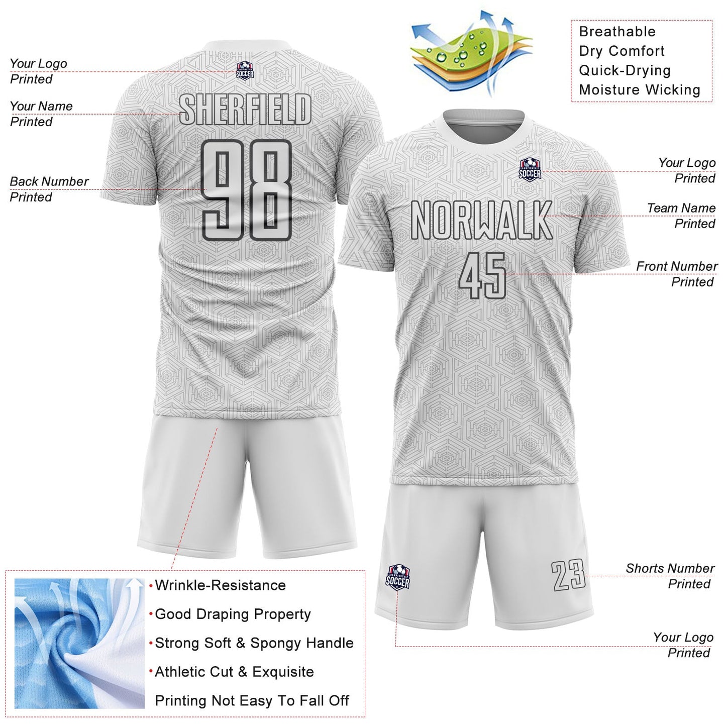 Custom White Steel Gray Geometric Shape Sports Sublimation Soccer Uniform Jersey view 4