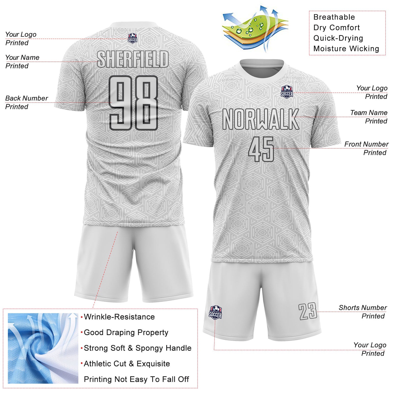 Custom White Steel Gray Geometric Shape Sports Sublimation Soccer Uniform Jersey view 4
