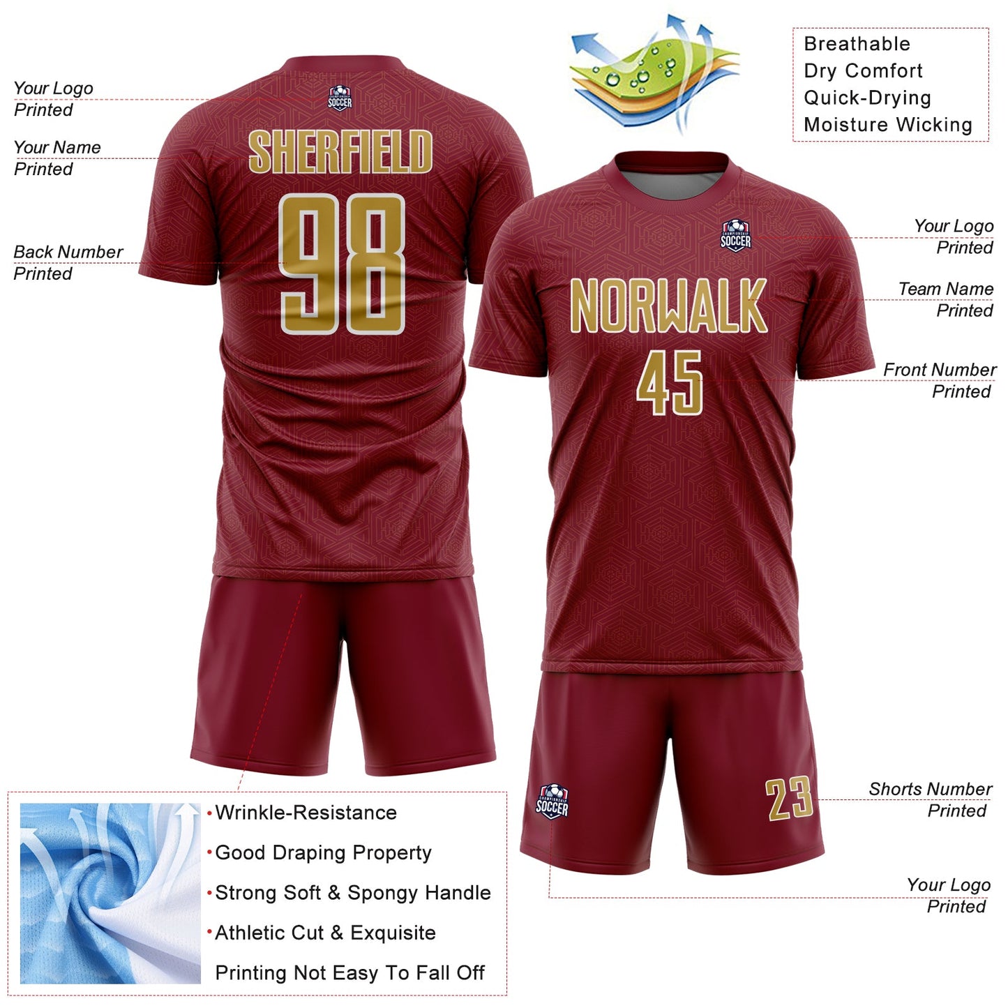 Custom Crimson Old Gold-White Geometric Shape Sports Sublimation Soccer Uniform Jersey view 4