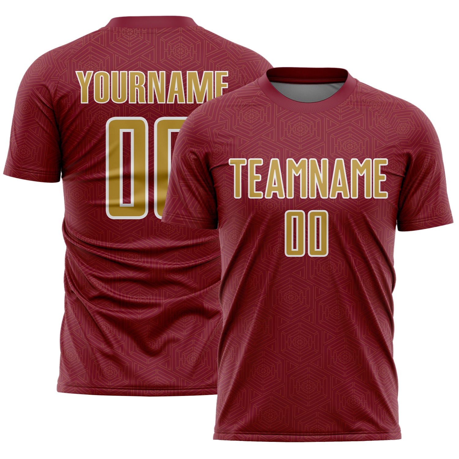 Custom Crimson Old Gold-White Geometric Shape Sports Sublimation Soccer Uniform Jersey - Main View