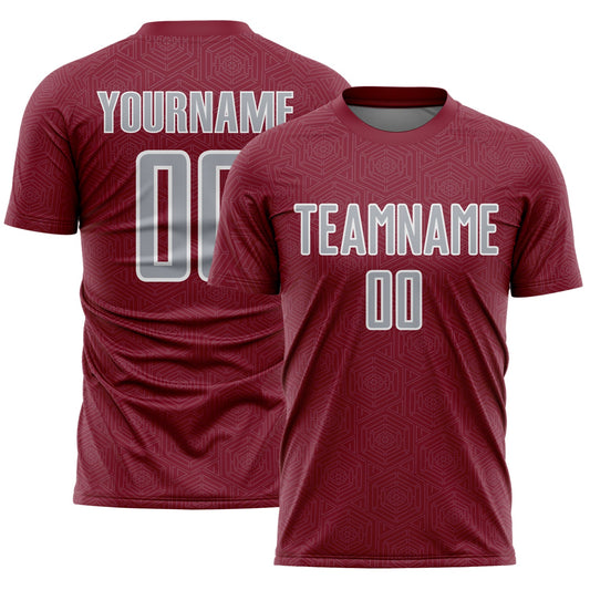 Custom Crimson Gray-White Geometric Shape Sports Sublimation Soccer Uniform Jersey - Main View