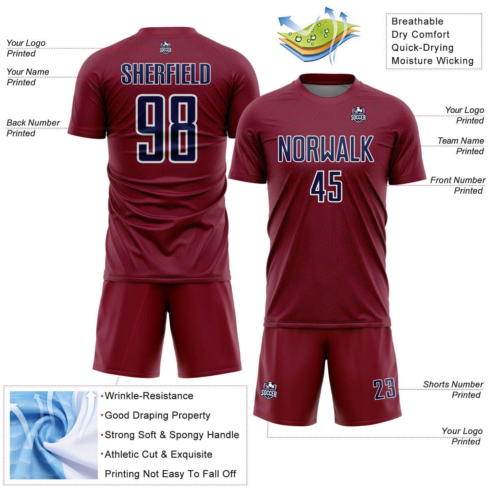 Custom Crimson Navy-White Geometric Shape Sports Sublimation Soccer Uniform Jersey view 4
