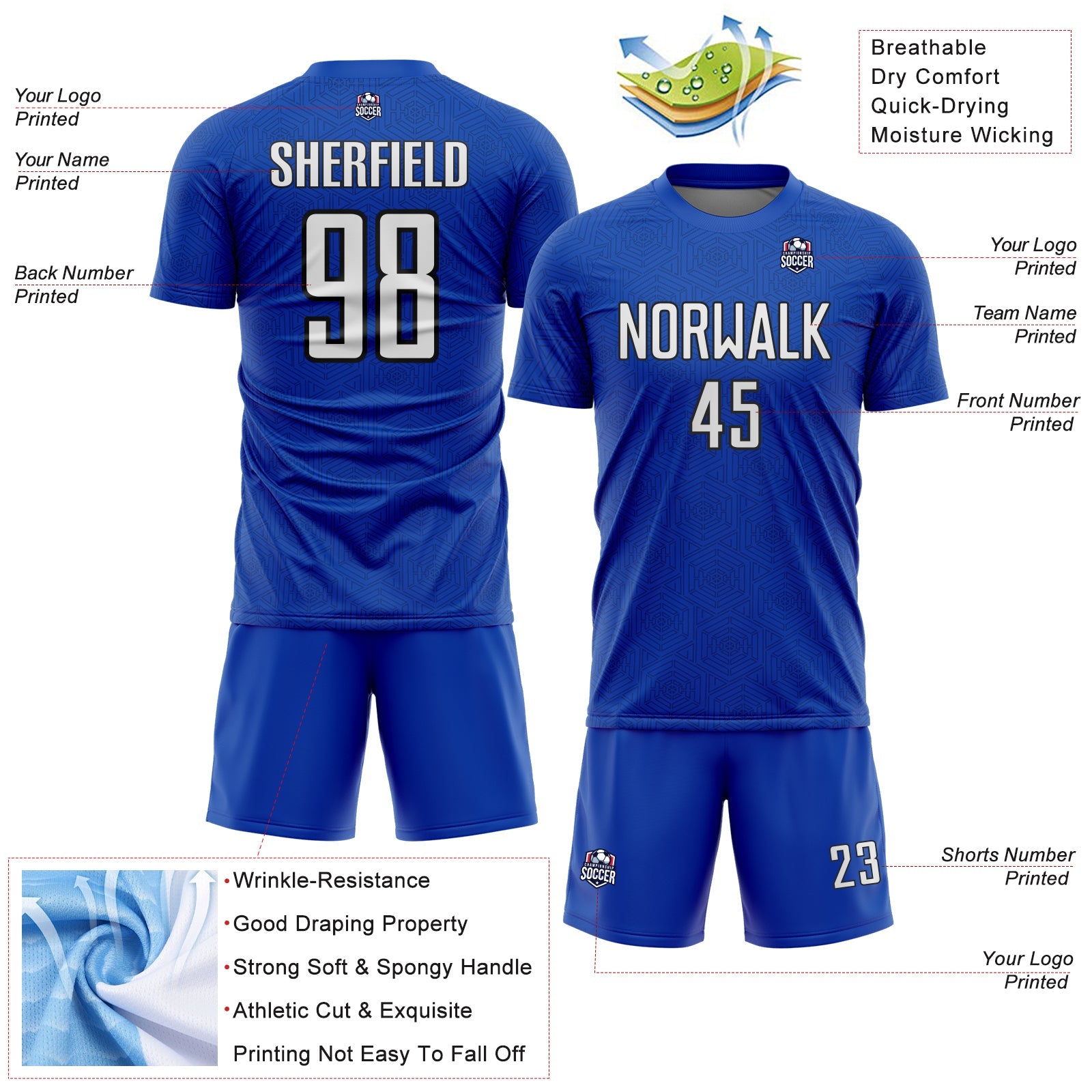 Custom Thunder Blue White-Black Geometric Shape Sports Sublimation Soccer Uniform Jersey view 4