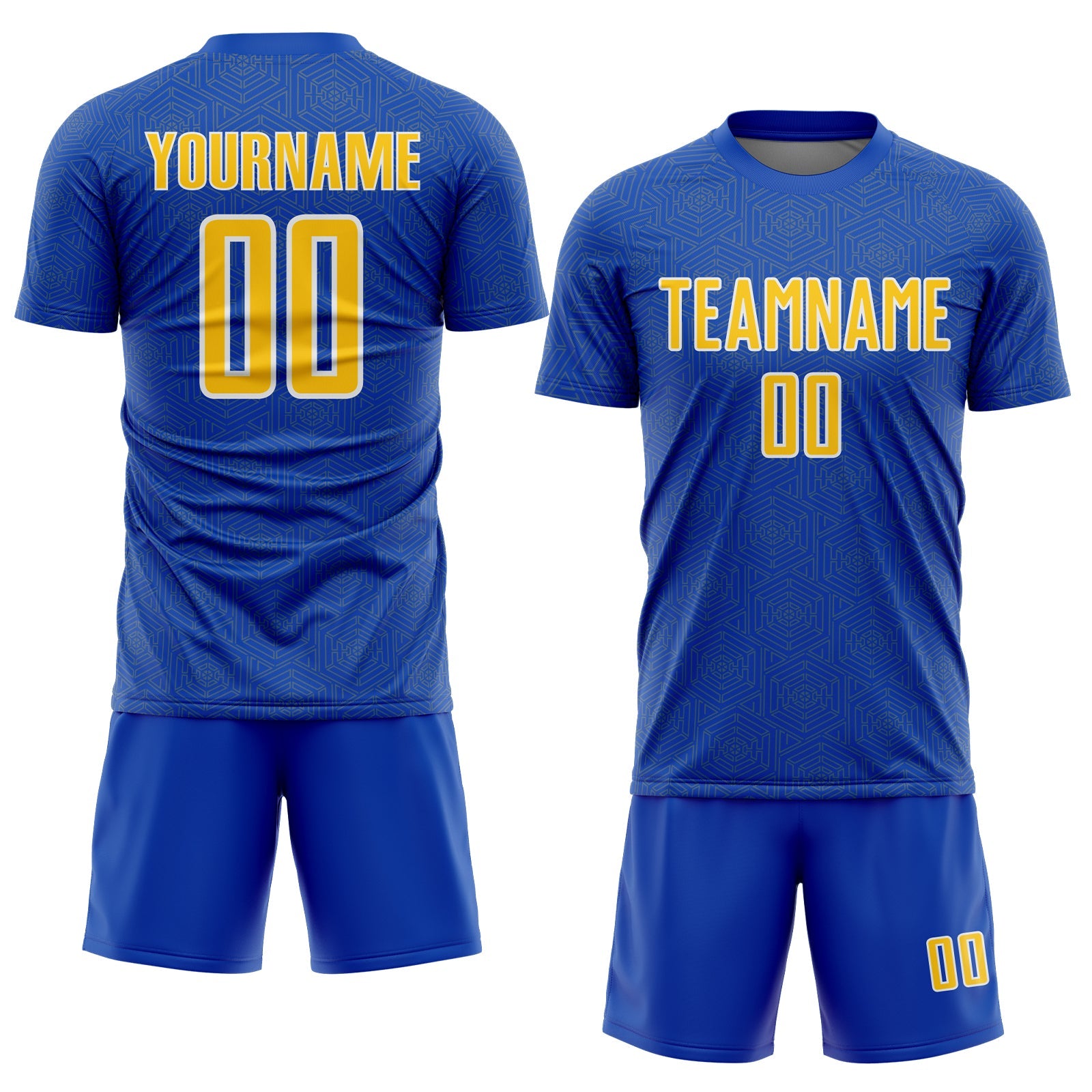 Custom Thunder Blue Yellow-White Geometric Shape Sports Sublimation Soccer Uniform Jersey view 2