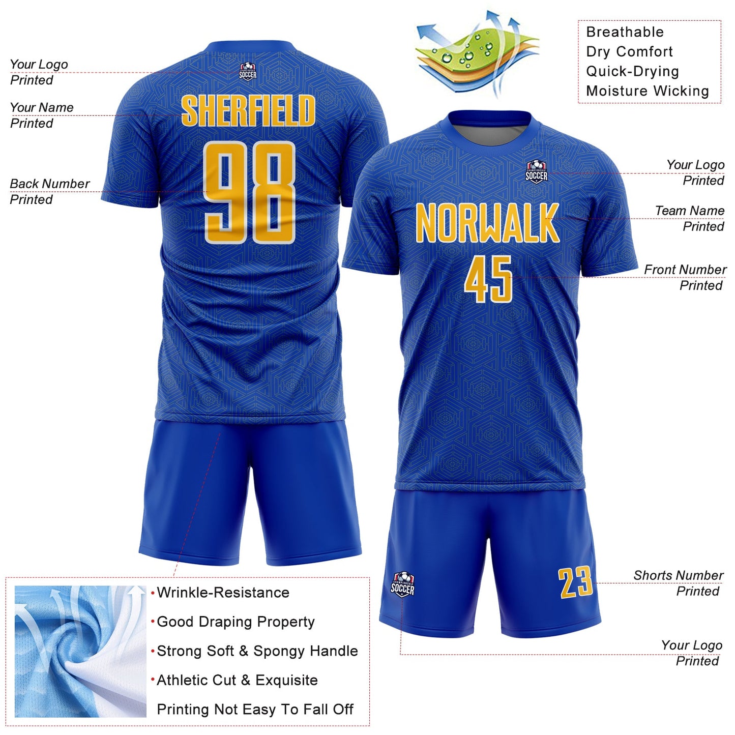 Custom Thunder Blue Yellow-White Geometric Shape Sports Sublimation Soccer Uniform Jersey view 4
