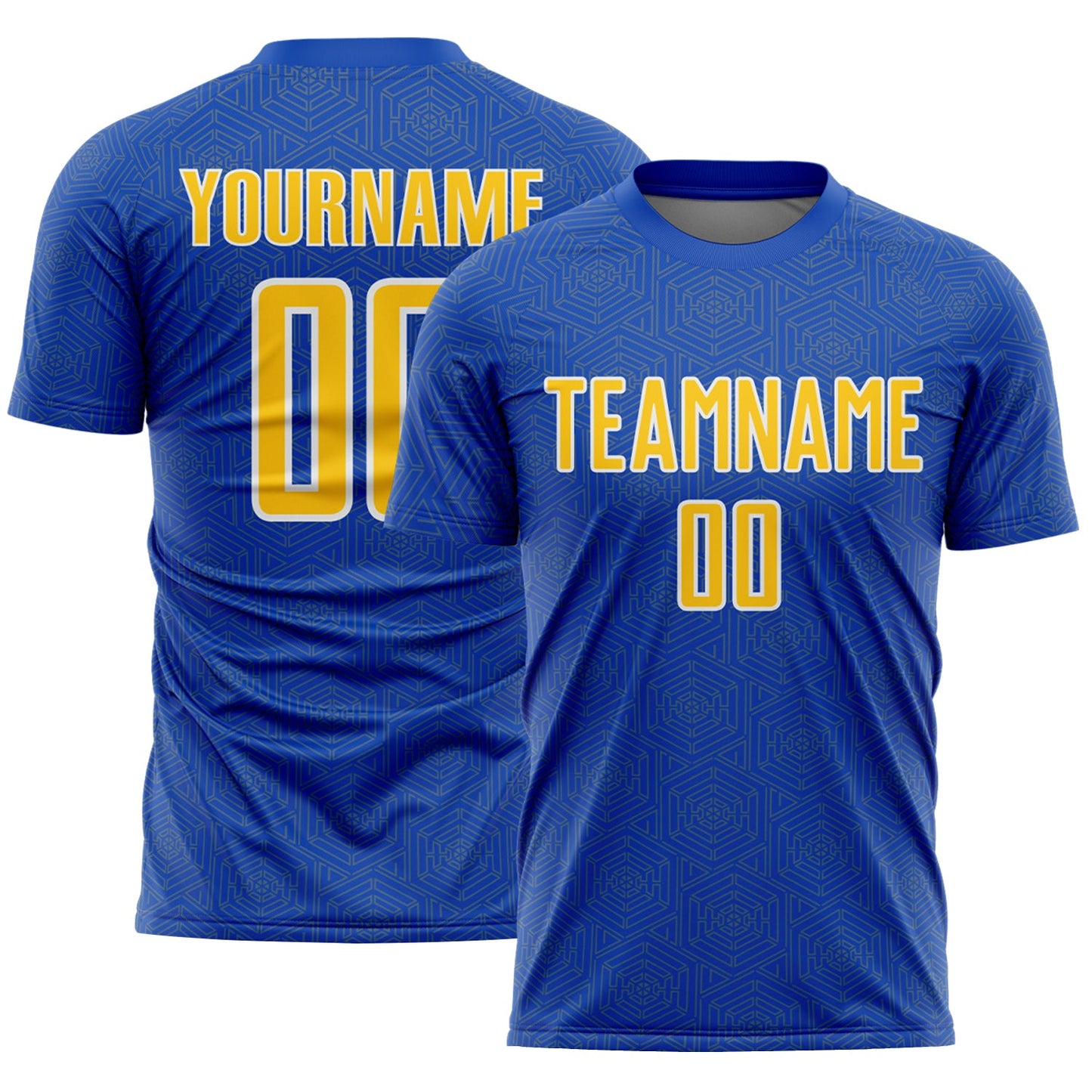Custom Thunder Blue Yellow-White Geometric Shape Sports Sublimation Soccer Uniform Jersey - Main View