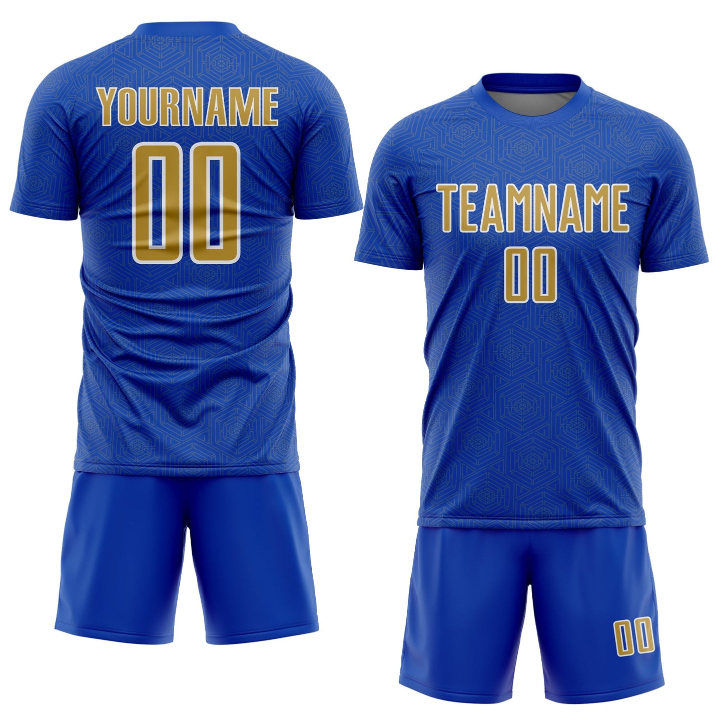 Custom Thunder Blue Old Gold-White Geometric Shape Sports Sublimation Soccer Uniform Jersey view 2