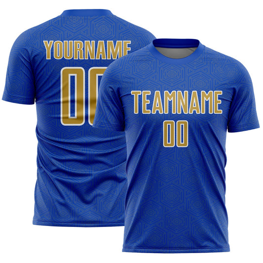 Custom Thunder Blue Old Gold-White Geometric Shape Sports Sublimation Soccer Uniform Jersey - Main View