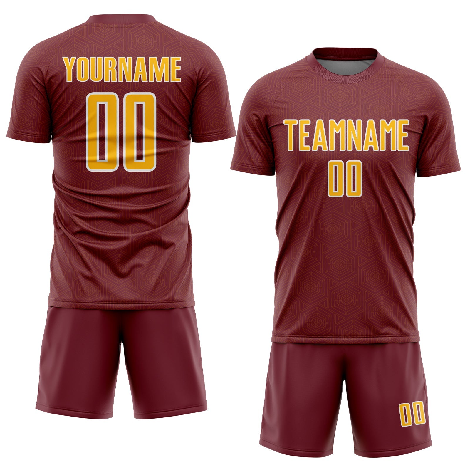 Custom Burgundy Gold-White Geometric Shape Sports Sublimation Soccer Uniform Jersey view 2