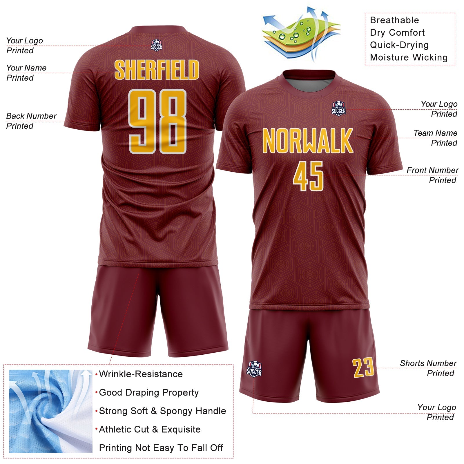 Custom Burgundy Gold-White Geometric Shape Sports Sublimation Soccer Uniform Jersey view 4