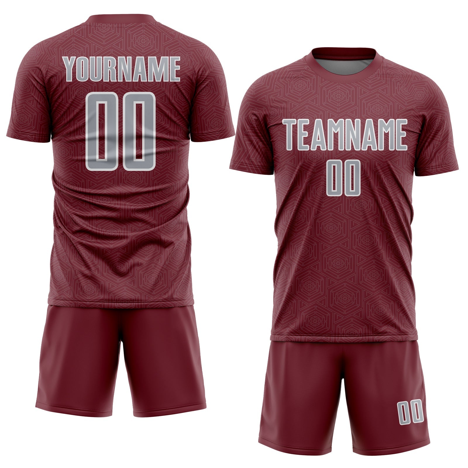 Custom Burgundy Gray-White Geometric Shape Sports Sublimation Soccer Uniform Jersey view 2