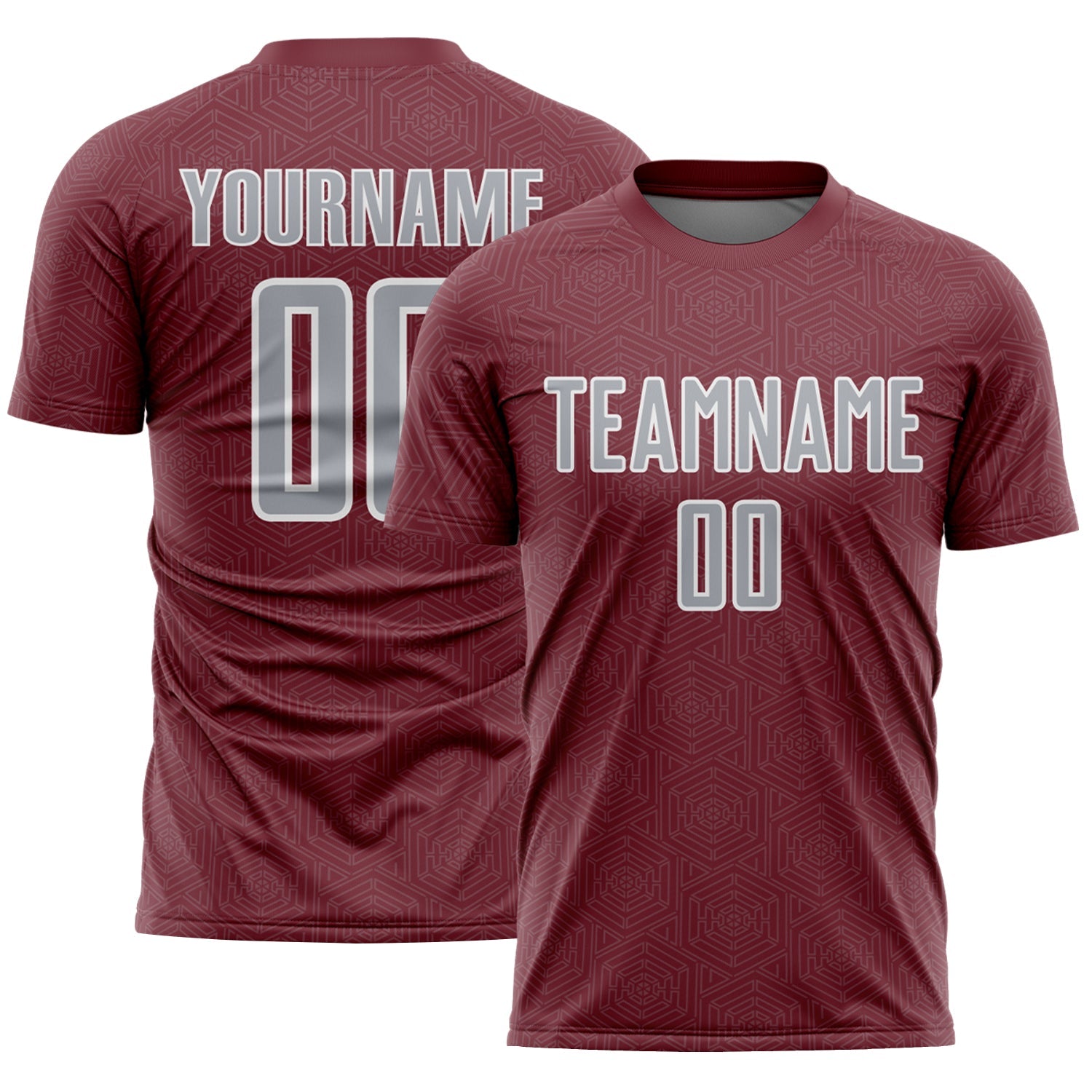 Custom Burgundy Gray-White Geometric Shape Sports Sublimation Soccer Uniform Jersey - Main View