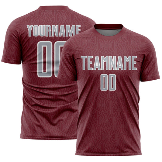 Custom Burgundy Gray-White Geometric Shape Sports Sublimation Soccer Uniform Jersey - Main View