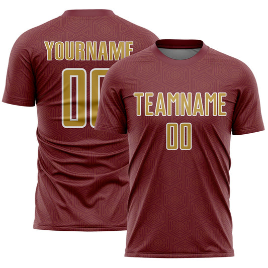Custom Burgundy Old Gold-White Geometric Shape Sports Sublimation Soccer Uniform Jersey - Main View