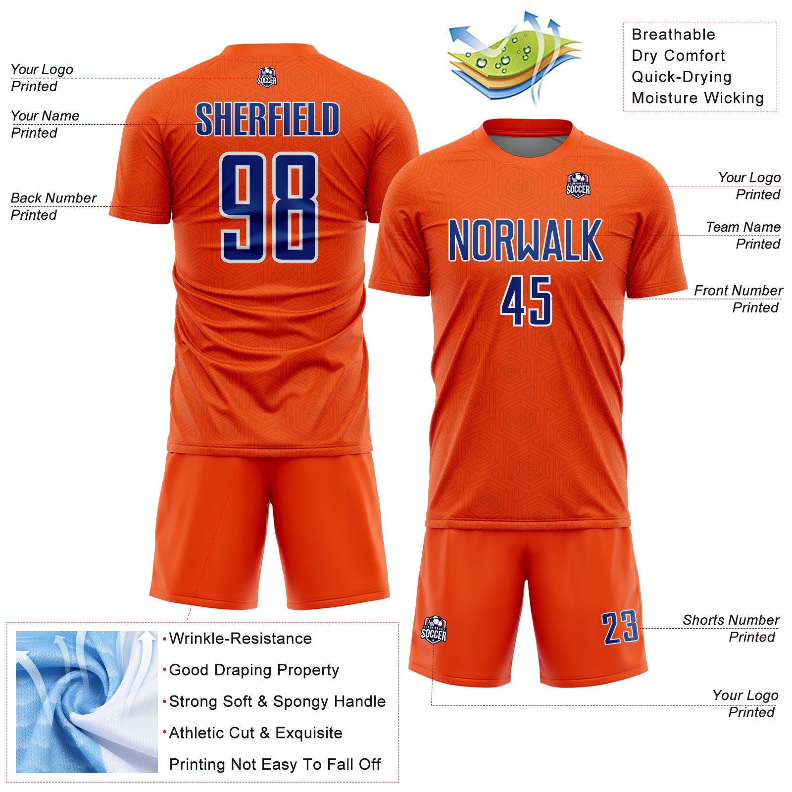 Custom Orange Royal-White Geometric Shape Sports Sublimation Soccer Uniform Jersey view 4