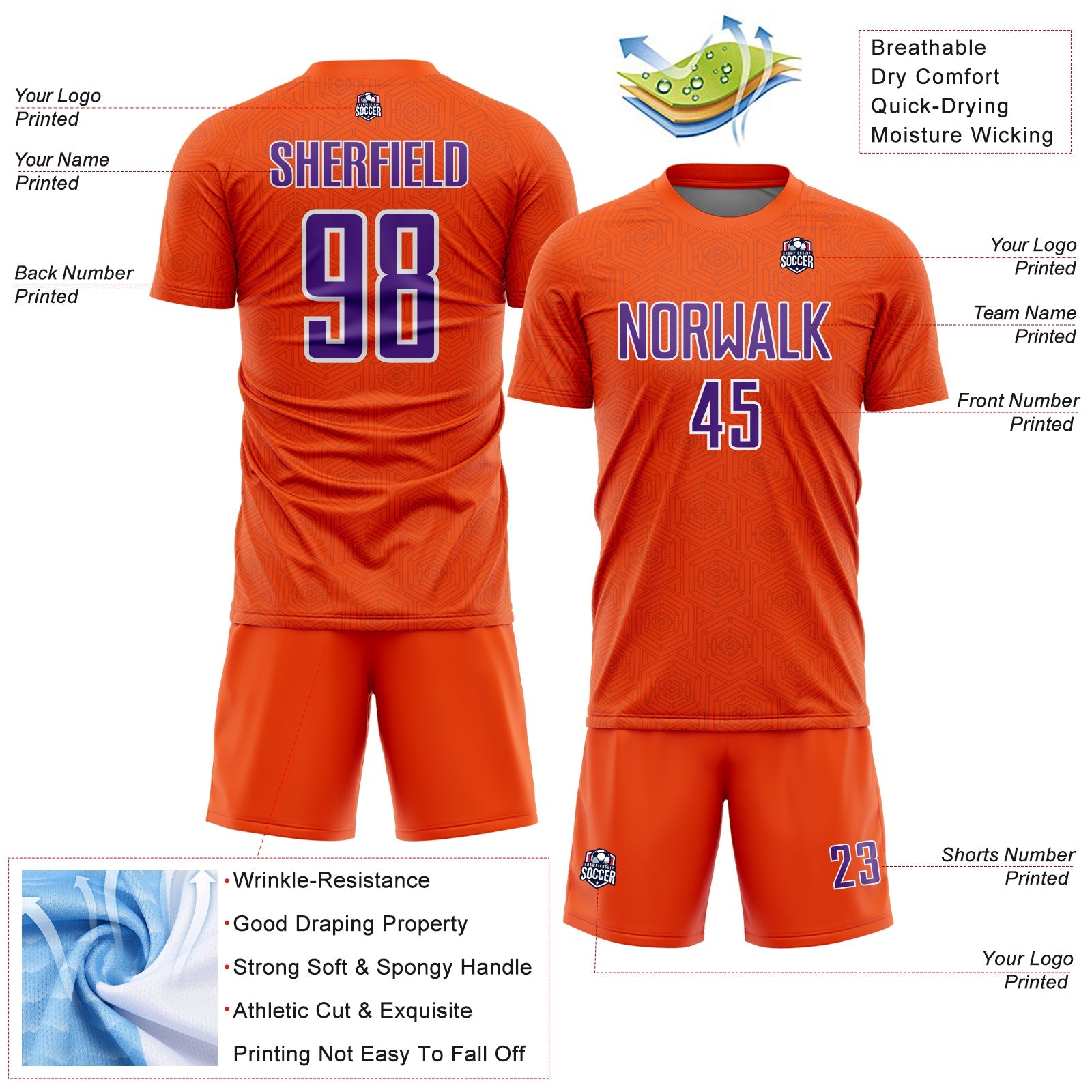 Custom Orange Purple-White Geometric Shape Sports Sublimation Soccer Uniform Jersey view 4
