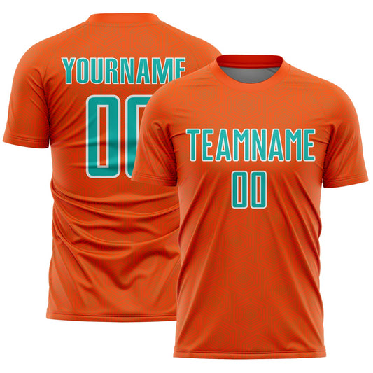 Custom Orange Aqua-White Geometric Shape Sports Sublimation Soccer Uniform Jersey - Main View