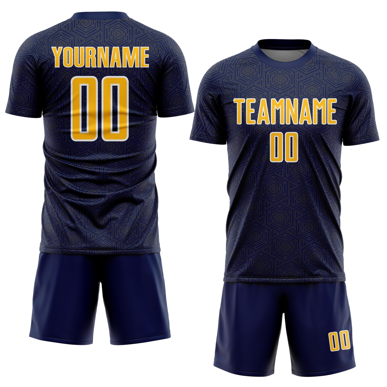 Custom Navy Gold-White Geometric Shape Sports Sublimation Soccer Uniform Jersey view 2