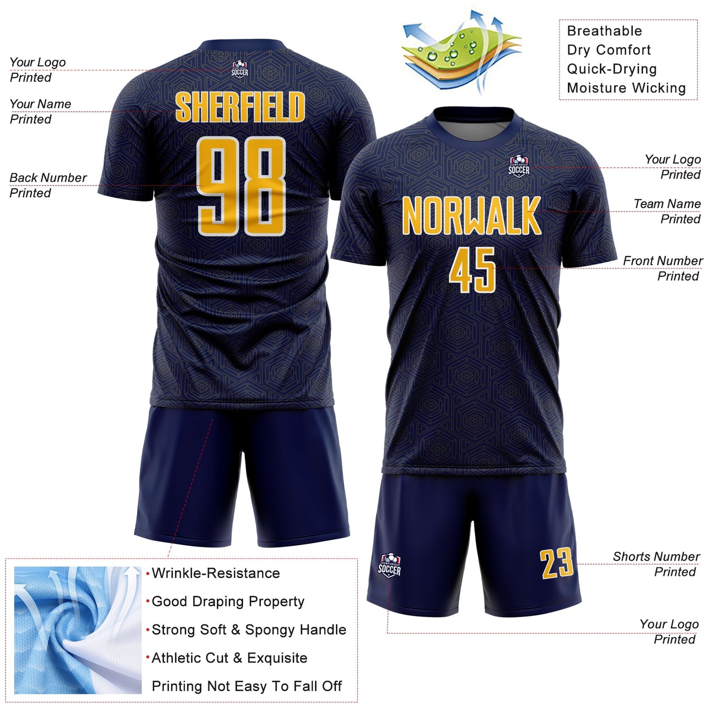 Custom Navy Gold-White Geometric Shape Sports Sublimation Soccer Uniform Jersey view 4