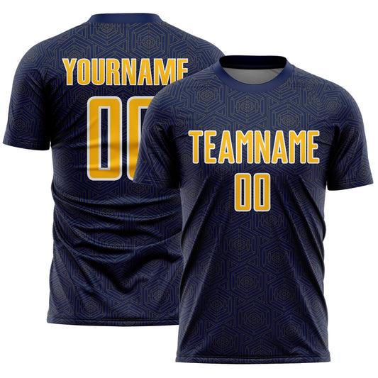 Custom Navy Gold-White Geometric Shape Sports Sublimation Soccer Uniform Jersey - Main View