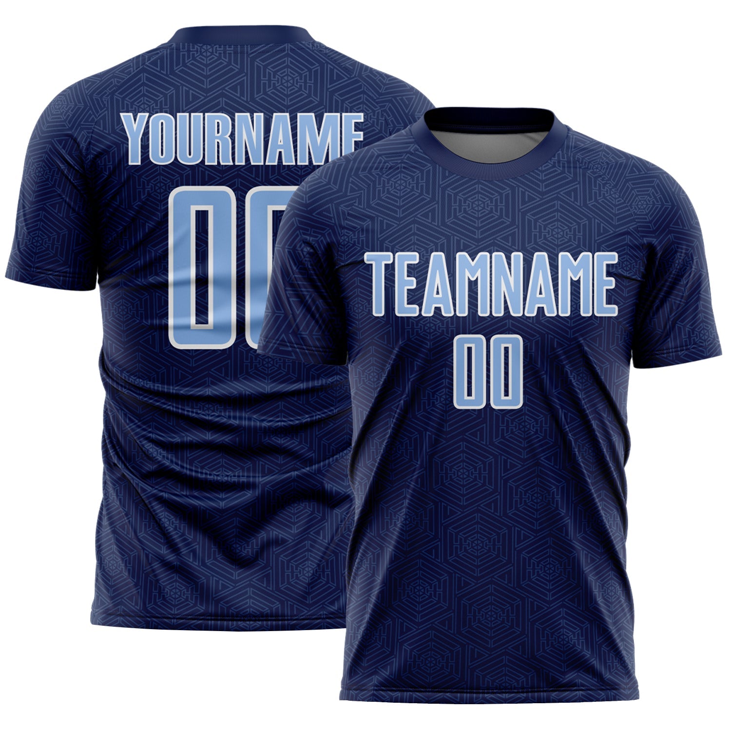 Custom Navy Light Blue-White Geometric Shape Sports Sublimation Soccer Uniform Jersey - Main View