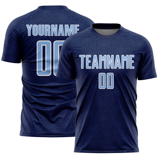 Custom Navy Light Blue-White Geometric Shape Sports Sublimation Soccer Uniform Jersey - Main View