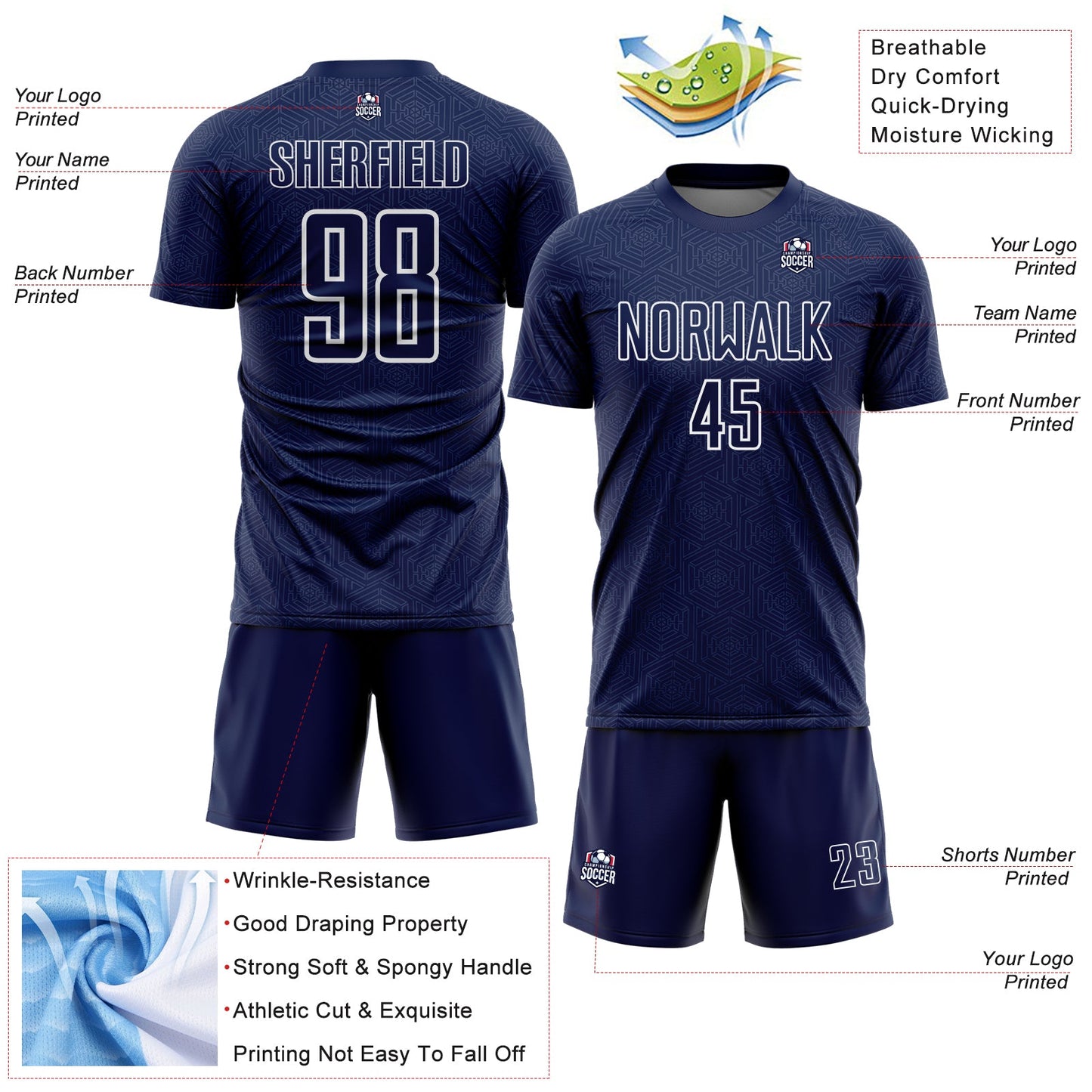 Custom Navy White Geometric Shape Sports Sublimation Soccer Uniform Jersey view 4