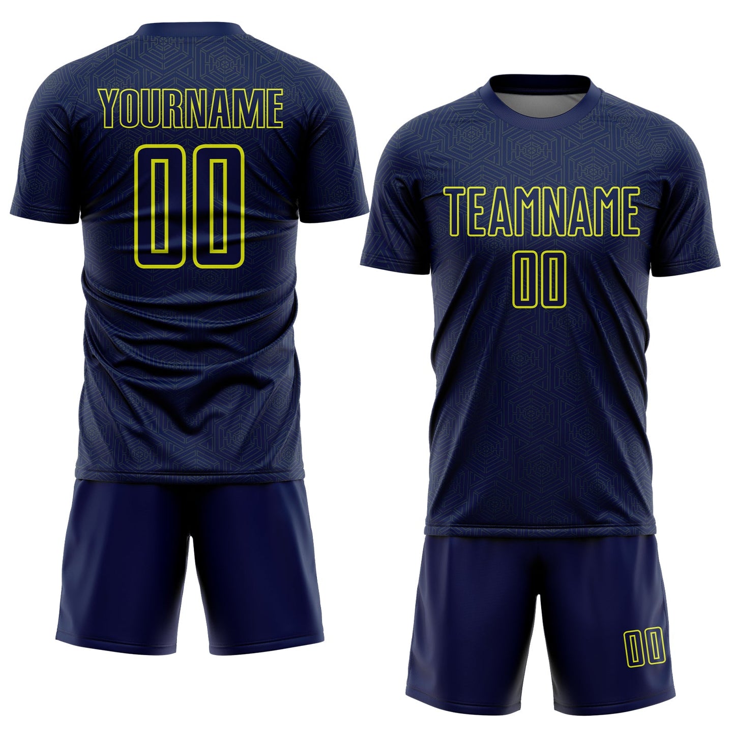 Custom Navy Neon Yellow Geometric Shape Sports Sublimation Soccer Uniform Jersey view 2