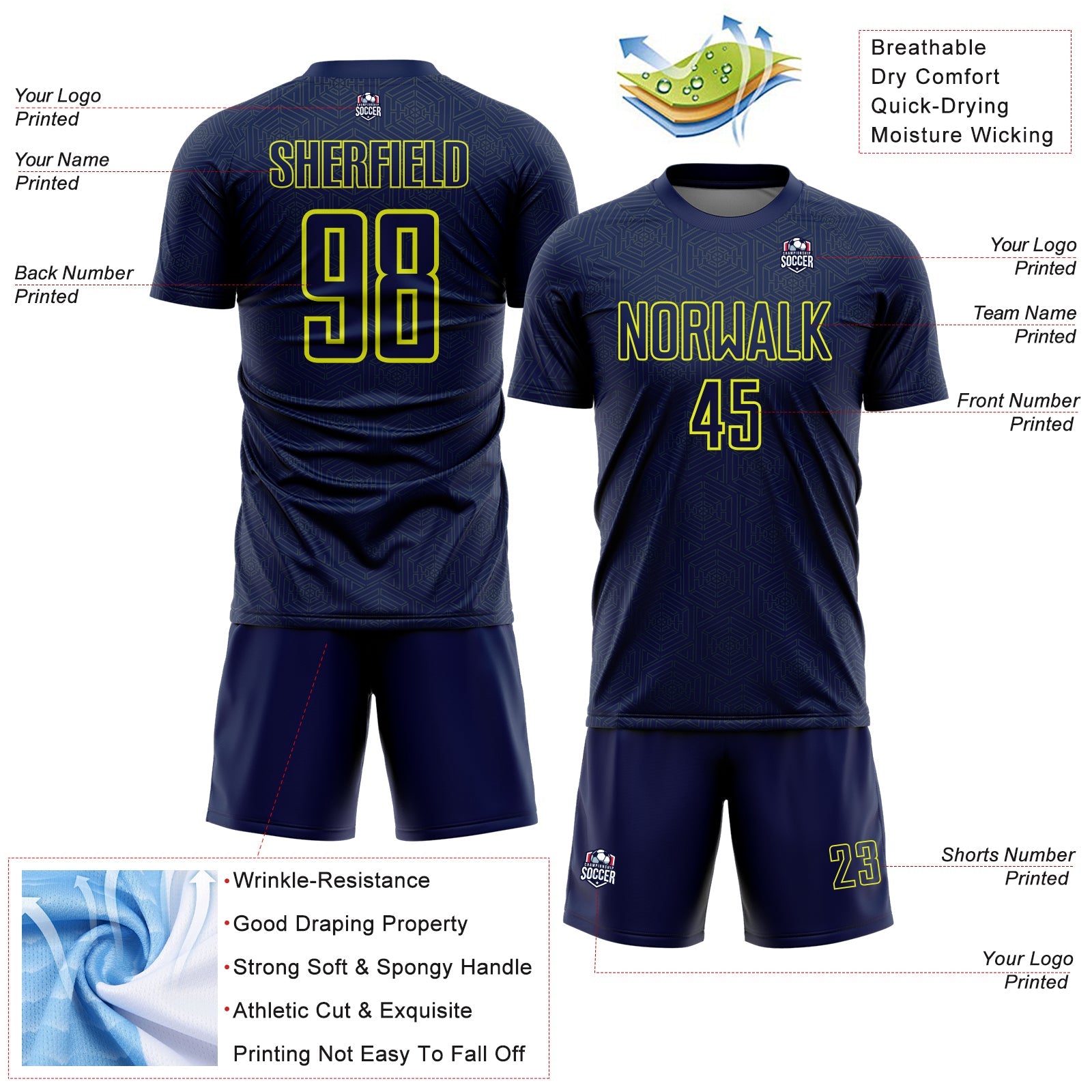 Custom Navy Neon Yellow Geometric Shape Sports Sublimation Soccer Uniform Jersey view 4